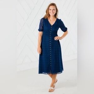 STS Sail to Sable Navy Blue Button Front Midi Dress | Size M | Modest A-Line